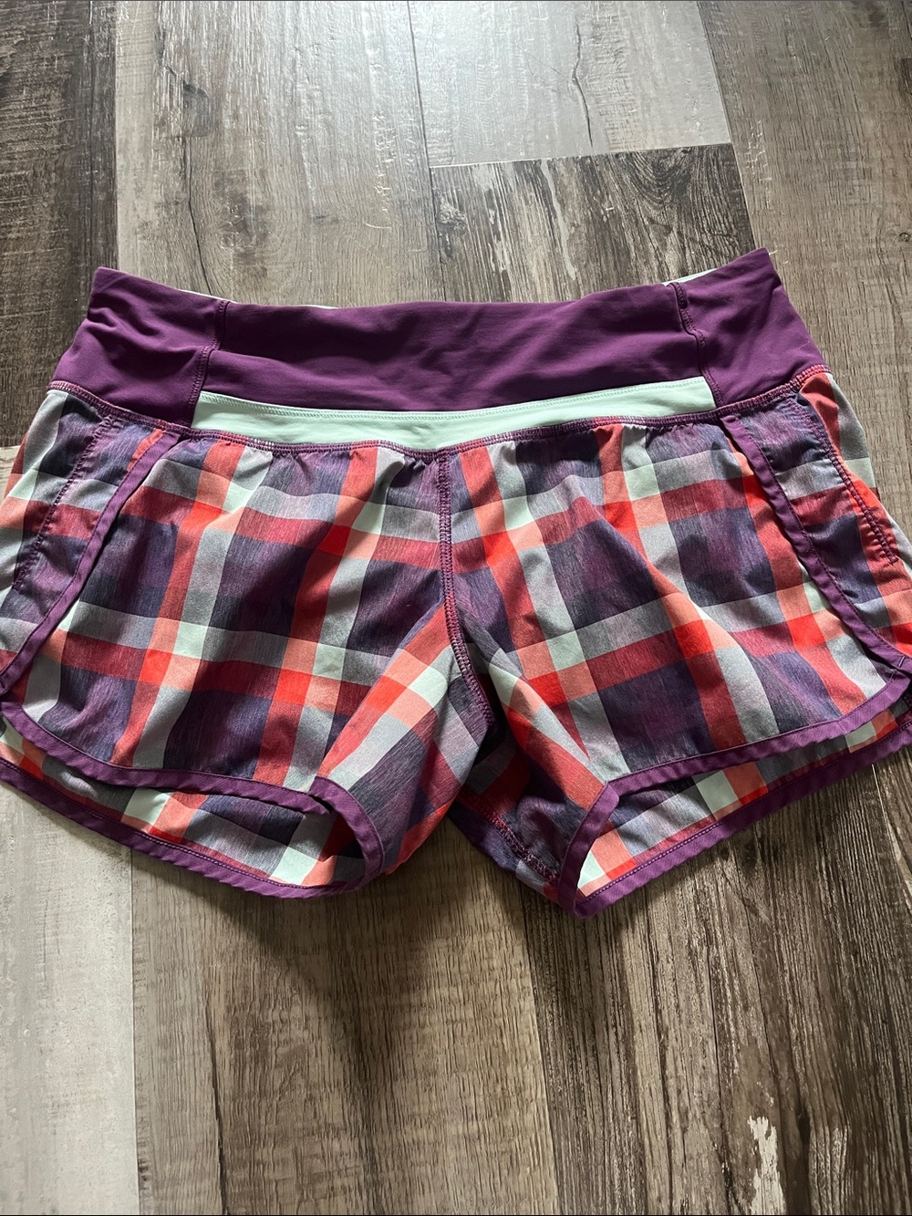 Women’s Plaid Athletic Shorts with Purple Waistband